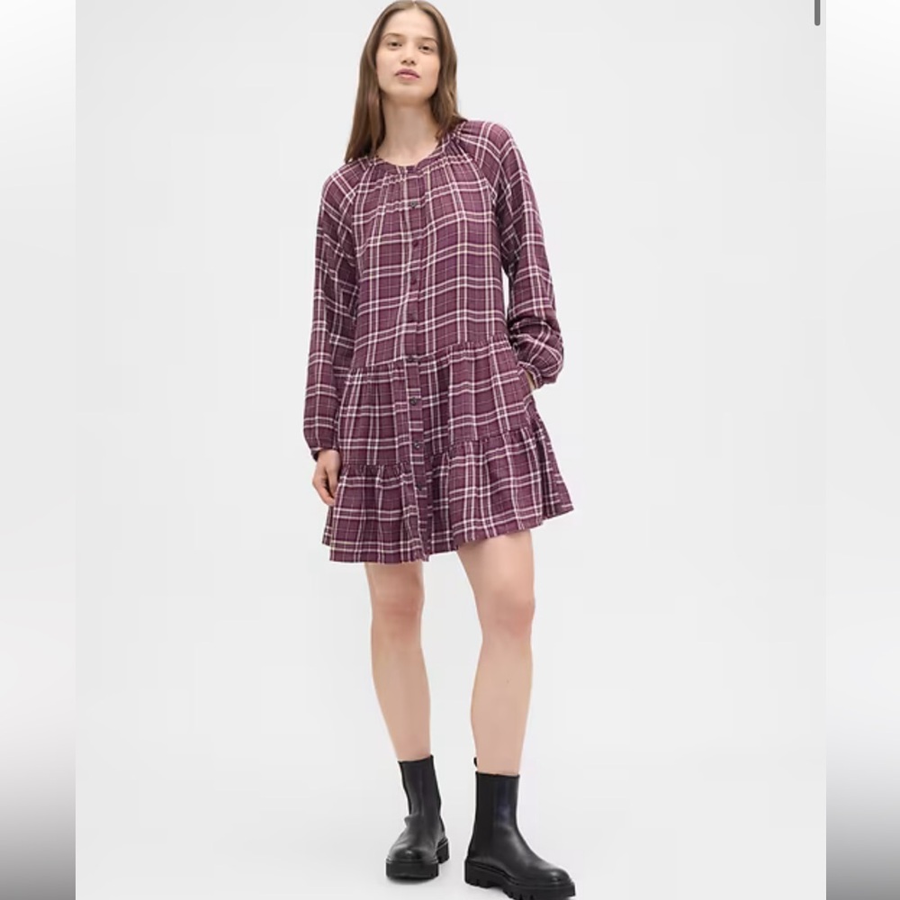 GAP Purple Plaid Dress Sz XXL w MEASUREMENTS Fall ‘25 Style, Tiered, Ruffle Hem